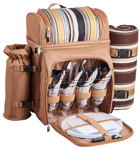 VEVOR Strandpicknick ryggsäck för 4 personer med termiskt fack, avtagbar flaskhållare/vinhållare, lätt filt, tallrikar och bestick för vandring och camping, brun, 25 l