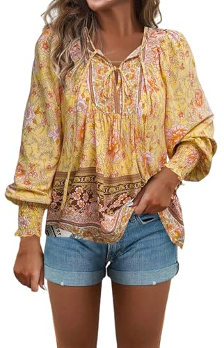 Générique Chemisier brodé Floral bohème à Manches Longues Bouffantes et col en V pour Femme
