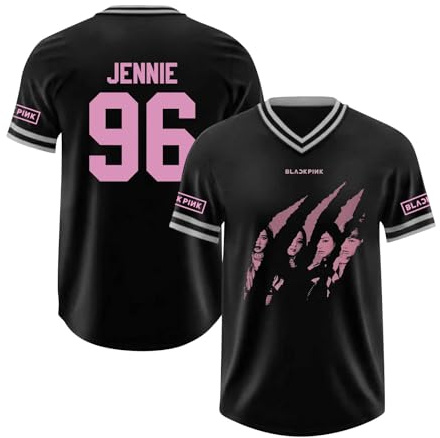 Maillot de Baseball imprimé Noir et Rose Kpop Lisa Jennie Jisoo Rose, t-Shirt de Baseball Hip-hop à col en V pour Les Fans de Musique 01-3 S