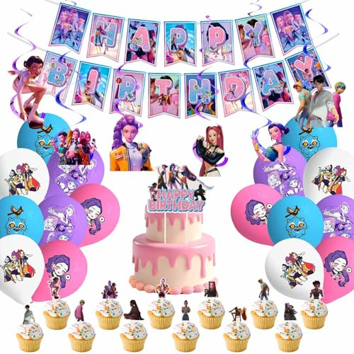 Decorazioni Compleanno, Dem-0n Hun-ters Forniture per Feste, Hunt/rix Compleanno Decorazioni con Festoni, Palloncini, Decorazioni Torta, Striscione, Accessori per Feste per Bambini e Fan