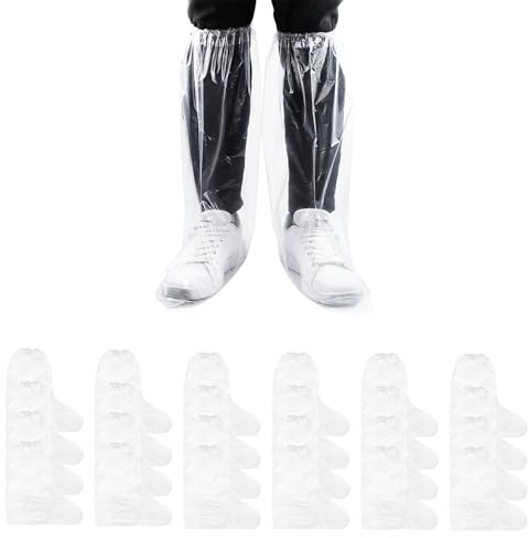 BORISCA 12 Pairs Long Disposable Non-Slip Waterproof Boot Covers (UK 4-9) | 19.68*15.35in Transparent Waterproof Disposable Shoe Covers, Plastic Overshoes for Rainy Day Travel Cleaning Gardening Farm