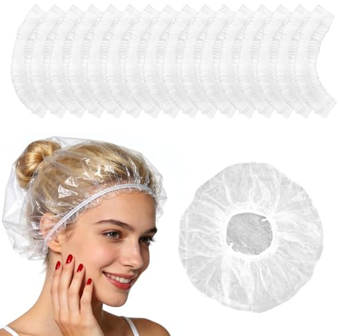 100 Pcs Gorro de Ducha Desechables de Plástico para Hombres y Mujeres, 42 cm Shower Cap Impermeable, para Salón, Spa, Viajes, Uso Doméstico, Hotel