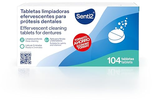 Senti2 Tabletas Efervescentes Limpiadoras para Prótesis Dentales, Férulas y Retenedores, Triple Acción, 104 Tabletas Formáto Económico