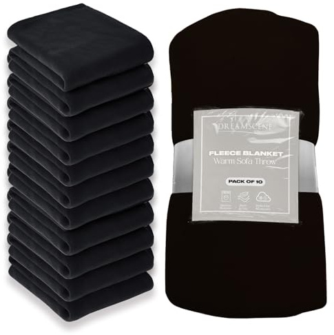 Dreamscene 10 x Plain Fleece Blankets Bulk Black Throw, Soft Cosy Warm Throws for Sofas Bed Couch Settee Throws Wholesale Joblot Outdoor Travel Blanket Multipack Single Bed Throw, 120 x 150cm