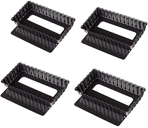 webake Stampo Crostata Rettangolare Fondo Amovibile Antiaderente 4,5 Pollici Mini Stampi per Quiche Fluted Tins Flan Pan - Nero - 4 Pezzi