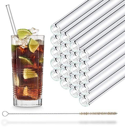 HALM Glas Strohhalme 23 cm 20 Stück gerade Wiederverwendbar Trinkhalm + plastikfreie Reinigungsbürste Spülmaschinenfest - Nachhaltig - Glastrinkhalme Glasstrohhalme für Smoothies, Long-Drinks, Saft