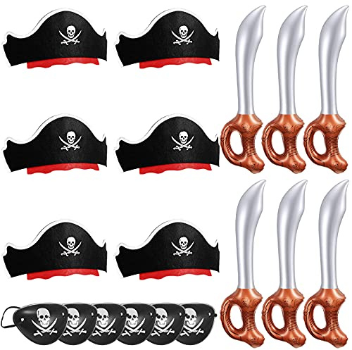 Legigo 18 Pcs Funny Pirate Party Set- Include 6 Pirate Hats, 6 Eye Patches, 6 Inflatable Swords for Pirate Party Cosplay Caribbean Dress Accessories