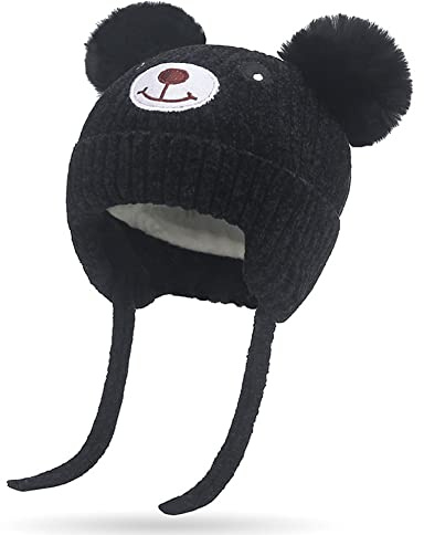 Cute Bear Kids Winter Hat with Ear Flaps 1-5 Years Dual Pom-Pom Chenille Knitted Warm Hat for Baby Girls Boys Fleece Lined Warm Earflap Cap with Strap Toddler Cold Weather Furry Warm Beanie Hat,Black