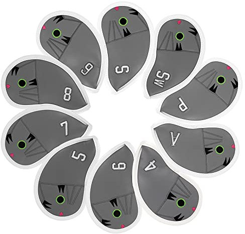 PINMEI Golfschläger-Abdeckungen für Herren und Damen, Katzen-Golfeisen-Abdeckungsset, Kunstleder, Klettverschluss, Golfschlägerhauben, 10 Stück/Set, passend für alle Marken (grau)