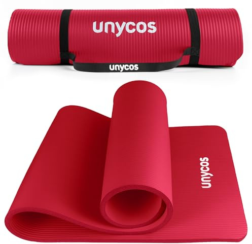 unycos - Tappetino Antiscivolo da Yoga, Pilates e Ginnastica Extra Spesso 15 mm, 183x60 cm | 72,04x23,62 Materassino Fitness, Schiuma NBR, Tracolla, Borsa (Rosso)