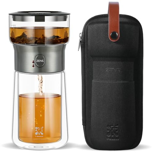 ZENS Modern Glass Tea Infuser Teapot, Smart One Touch Tea Maker for Loose Tea Diffusers with Insulated Mug and Portable Tea Kits, Cool Gongfu Tea Pot for Black Tea Lover Gifts
