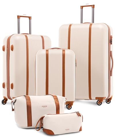 FERGÉ Kofferset Hartschale 5-teilig Milano 3 Größen Hartschalenkoffer Set + Reisetasche + Kulturbeutel - 3er Set Reise-Koffer 4 Rollen, leicht Reisen beige