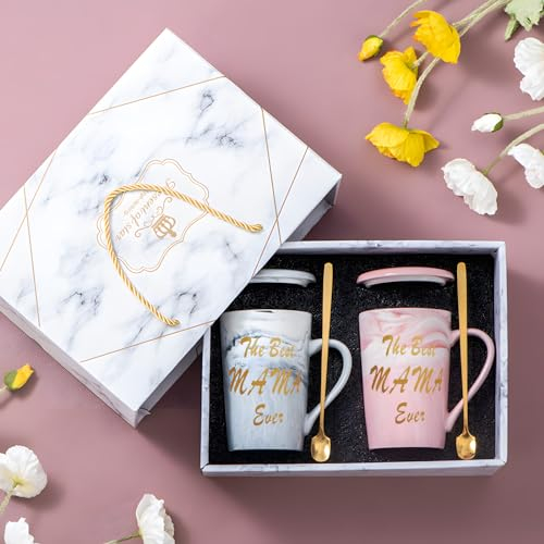 Kaffeetasse Geschenkset,400ml Keramik Marmor Kaffeetassen Set,mit Deckel Goldenem Löffel und Geschenk box Tasse mit Aufschrift Beste Mama,Bester Papa,Personalisierte Geschenke für Eltern