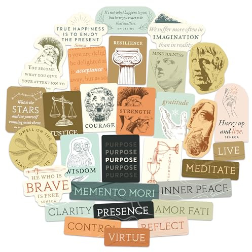 Navy Peony Mindful Stoicism Vision Board Stickers (30pcs) - Stoic Philosophy Stickers for Self-Improvement, Planners, Vision Board Party