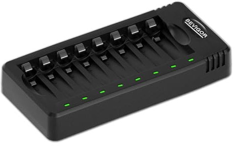 BEVIGOR LED 8-slot Battery Charger for AA & AAA Rechargeable Batteries, Type C Input 5V 2A Fast Charging Function for Ni-MH Ni-CD Rechargeable Batteries, AA AAA Battery Charger