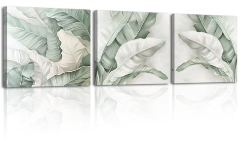 Piy Painting Décoration Tableaux Minimalistes, Art Mural En Toile Feuille,Tableau Sur Toile Verte, Impression Sur Toile Pour La Chambre Coucher Salon Bureau Salle De Bain, 3X30X30 CM