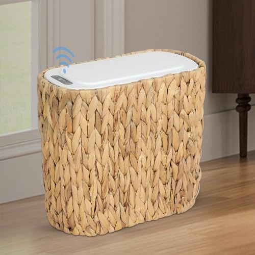 Stepeak Cubo de Basura Cocina Boho, Papelera de 13,2 Litros con Sensor, Basura de Baño, Cubo de Pañales A prueba de Olores con Tapa, Pequeño Cubo de Basura Eléctrico, 2 en 1 Papelera y Cesta de Mimbre