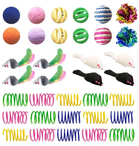 AGYM Cat Toys for Indoor Cats, 35 Packs Interactive Cat Toys Set with Colorful Springs, Mouse Cat Toy, Crinkle, Sisal, Pompom and Color Bell Balls for Kittens