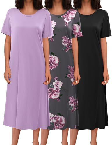 Ekouaer 3 Pack Nightgowns for Women Short Sleeve Sleepshirt Long Print House Dress Soft Nightshirt Maxi Casual Dress