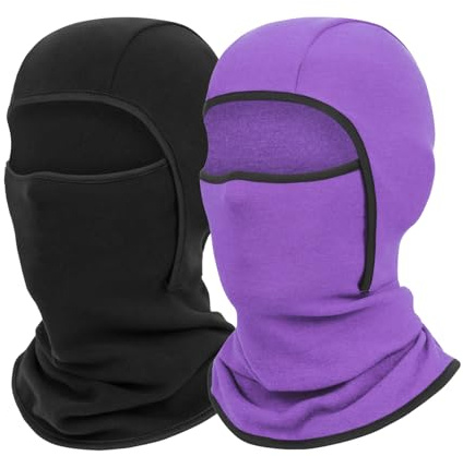 UNNESTAR 2 confezioni di maschera da sci in pile per bambini Balaclava – Full Face Cover Cold Weather Hats for Boys Girls Thermal Cosy Warm Set, nero+viola, 3-12 Jahre