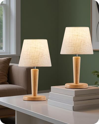 GOEBLESON Small Bedside Lamps Set of 2, Wood Bedside Table Lamp with Beige Linen Shade, 3 Color Temps, E27 LED Bulb Included, Cute Little Desk Lamp for Bedroom, Living Room, Window Sill ZME13TLKP205