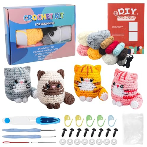 Nilioyul Crochet Kit for Beginners,Crochet Animal Kit with Step-by-Step Video Tutorials Cats Crochets Starter Kits,Crochet Kits for Beginners Adults -4 Cute Cats