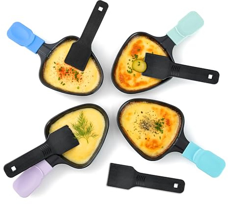 Kosmosta Juego de Sartenes Raclette de Repuesto, 4 Sartenes Triangulares Antiadherentes con Mangos Codificados por Color, Serie Ice Cream, Incluye 4 Espatulas Nylon