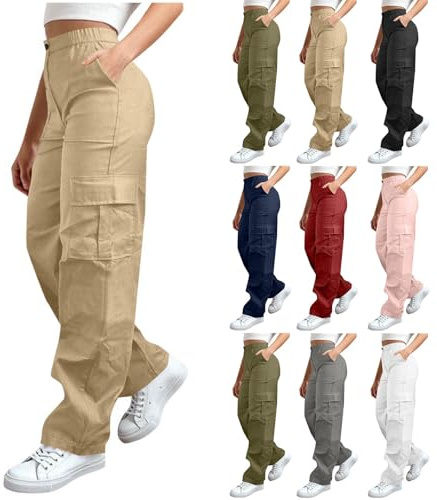 Zeiayuas Womens Cargo Trousers High Waist Hiking Walking Combat Pants Ladies Cotton Stretchy Straight Leg Casual Pants with Multi Pockets Ladies Casual Jogging Work Trousers