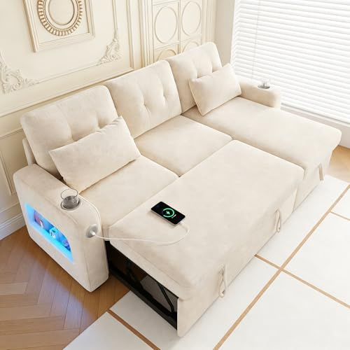 Sofá esquinero en L con LED y Puertos USB, sofá Extensible con Compartimento de Almacenamiento y portavasos, sofá Cama de 3 plazas con función Cama, sofá seccional con Chaise Longue,Chenilla(Beige)