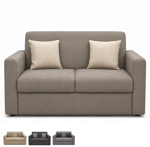 PALUPLUS Divano a 2 Posti in Tessuto, Misura 125x65x85 cm, Struttura in Legno MDF, Piedini in Plastica, Divanetto per Casa, Ufficio, In Omaggio 2 Cuscini a Contrasto, Made in Italy -32M (Tortora)