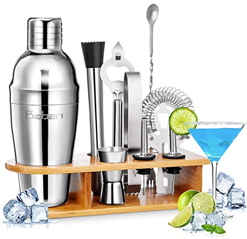 Baban Cocktail-Shaker, 9 + 1 Stück, professionelles Cocktail-Set, mit Shaker aus Edelstahl 750 ml, Ständer aus Holz – Geschenk für einen lieben Freund oder einen Mixologen oder EIN Familienmitglied