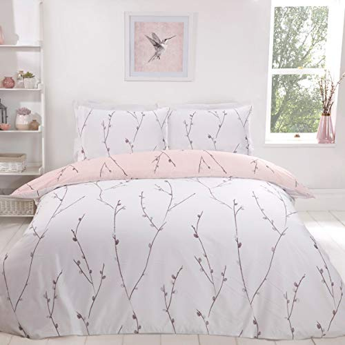 Sleepdown pilträ blommig rodnad rosa ultramjuk lättskött allergivänligt tryckt vitt vändbart påslakan täcke sängkläder set med örngott – enkel (135 cm x 200 cm), polyester