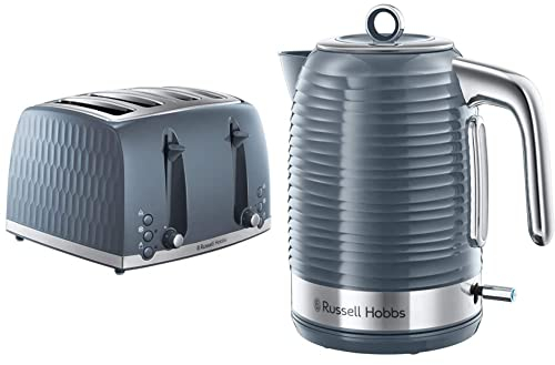 Russell Hobbs 26073 4 Slice Toaster - Contemporary Honeycomb Design with Extra Wide Slots and High Lift Feature, Grey & 24363 Inspire Electric Kettle,Grey, 3000 W