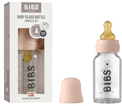 BIBS Baby Glass Bottle. Anti-Colic. Round Natural Rubber Latex Teat. Supports Natural Breastfeeding, Complete Set - 110 ml, Blush