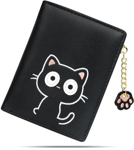 conisy Cute Purses for Women, Bifold RFID Protection Leather Small Wallet with Zipper Coin Purse for Ladies and Girls (cat Black)