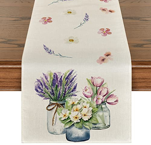Artoid Mode Blumen Vase Tulpe Lavendel Frühling Tischläufer, Sommer Saisonnal Küche Tisch Dekoration Drinnen Urlaub Party Dekor 40x100 cm
