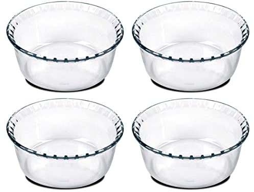 JUANIO Lot de 4 Moule soufflé Rond, Moule en Verre fileté, Plateau réfractaire, Plat à Four Moule de Cuisson, capacité 2.4 L - Diamètre 21.5 x Hauteur 9.8 cm
