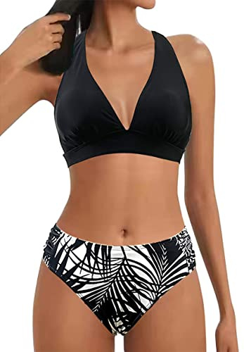 Dam V-ringning Triangel Topp Push-up BH Vadderad Sidorem Medium Botten Bikini Set Strand Tvådelad, Svart-träd, M