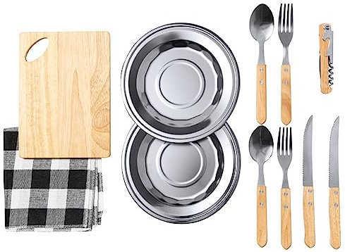 Original Picnic Outdoor Cubertería para 2 personas con cubiertos, tenedor, cuchillo, cuchara, servilleta de tela, tabla de cortar, sacacorchos, platos de chapa en bolsa de algodón rústica