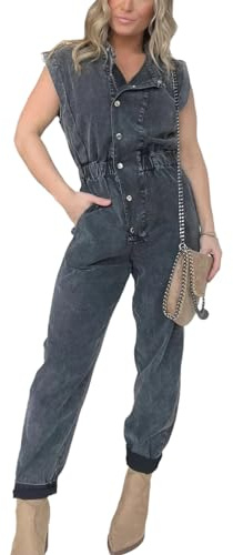 TACSTRUN Mono Vaquero Holgado Vintage sin Mangas con Botones para Mujer, Mono Informal con Cintura elástica, Mamelucos Largos de Mezclilla,Negro,L