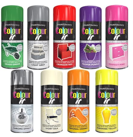 9 Mix Cans Gloss Finish All Purpose spray paint 400ml Multipurpose AerosoL, Quick and Fast Drying and Excellent Coverage for Metal, Wood, Plastic and More - A12