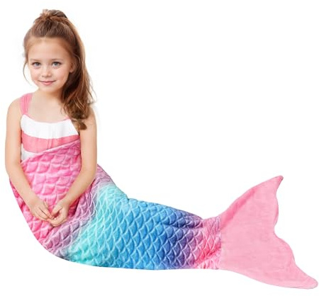 Catalonia Classy Mermaid Tail Blanket for Girls, 114 x 41 cm Super Soft Plush Flannel Sleeping Blanket for Girls Aged 4–6, Rainbow Ombre Mermaid Gift Toddlers