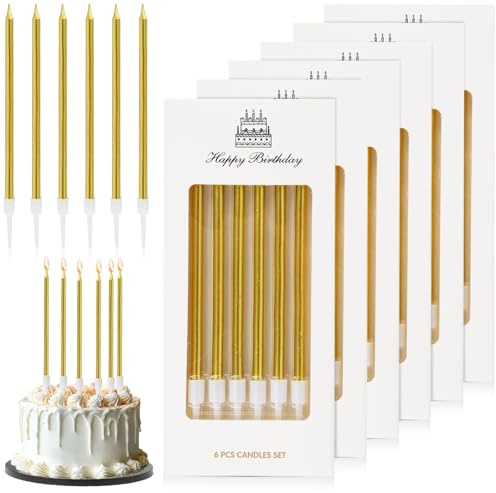 JYSNOW 36 Pièces Bougies D'anniversaire, Longue Cylindrique Bougies Anniversaire avec Support, Matériau Paraffinique pour La Décoration de Fête de Gâteau de Mariage D'anniversaire (Or)