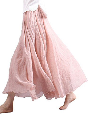 Damen Maxirock Baumwolle Lange Rock Tellerrock Doppelt Schicht Elastischer Bund Damenrock für Freizeit Urlaub Strand - Hell Rosa Länge 85cm