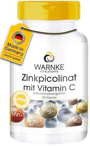 Zink + Vitamin C - 15mg Zink pro Kapsel - aus Zinkpicolinat - 200 Kapseln - hochdosiert & vegan | Warnke Vitalstoffe - Deutsche Apothekenqualität