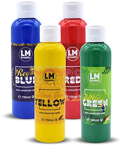 LM Acrylfarbe (4er Set - Colorful Life) 4 x 150 ml Acryl-Farbe auf Wasserbasis - Hochpigmentiert, Künster-Acryl, Ideal für Keilrahmen, Papier, Pappe, Beton, Holz und Stein