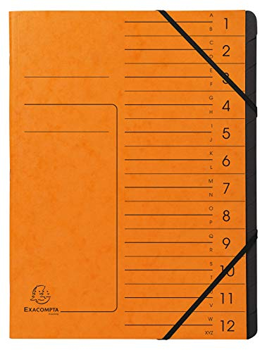 Exacompta 541204E Premium Ordnungsmappe geheftet. Aus extra starkem Colorspan-Karton DIN A4 12 schwarze Fächer und 2 Gummizüge mit Organisationsdruck Ringmappe Register-Mappe orange