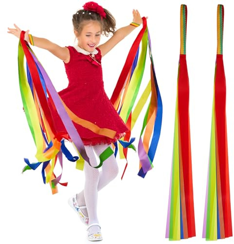 MTLEE 12 Pcs Rainbow Dance Ribbons Kids Dancing Wands Stretchy Band for Music Classroom Christmas Valentines Hand Held Rhythm Streamers Gift Dance Decorations (Dark Rainbow)
