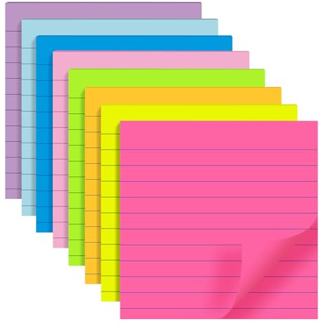 8 Pads Lined Sticky Notes 4x4 in Post, 8 Colors Self Sticky Notes Pad Its, Bright Stickies Colorful Big Square Sticky Notes for Office, Home, School, Meeting, 50 Sheets/Pad