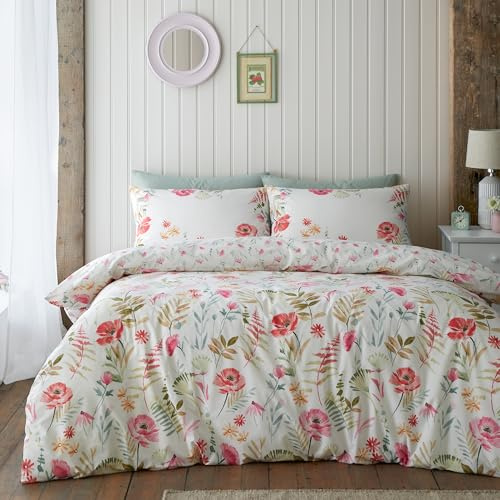 Catherine Lansfield Ella Poppy Reversible King Duvet Cover Set with Pillowcases, Cream